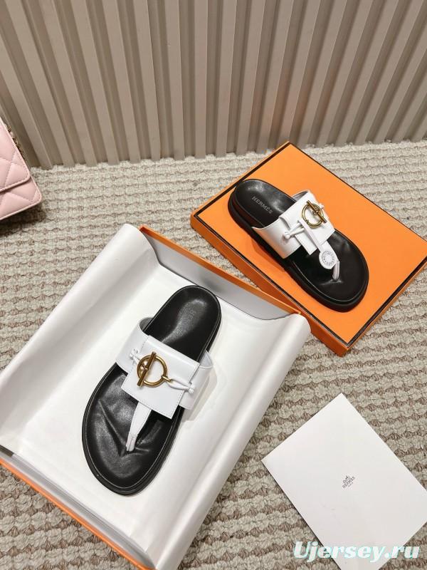 2025 Women Hermès White Leather Slippers LY00270