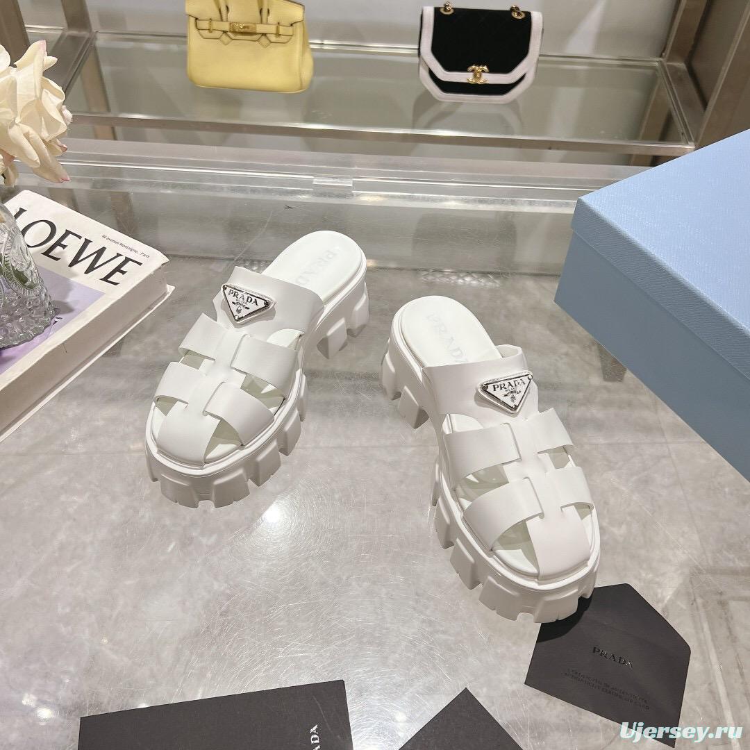 2025 Women Prada White Leather Slippers LY00250
