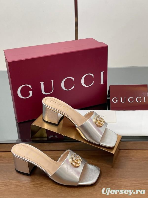 2025 Women Gucci Gold Leather Mules GG Emblem LY00280