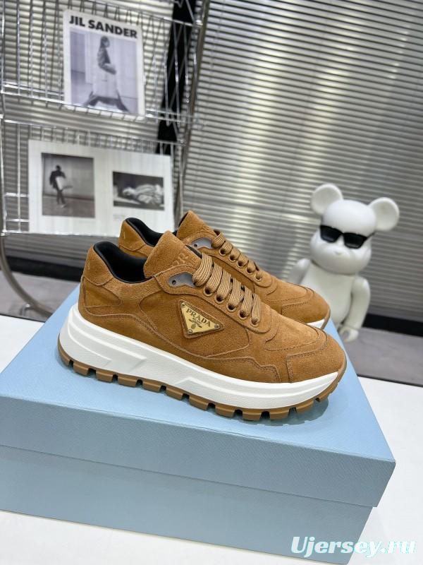 2025 Unisex Prada Brown Suede Leather Sneakers KFY00310