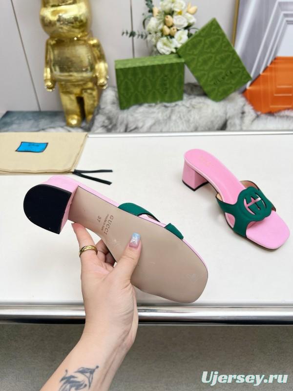 2025 Women Gucci Pink Green Leather Slippers