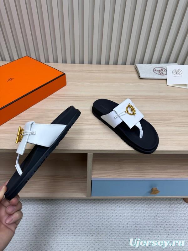 2025 Slippers Hermès White Black Leather Slippers
