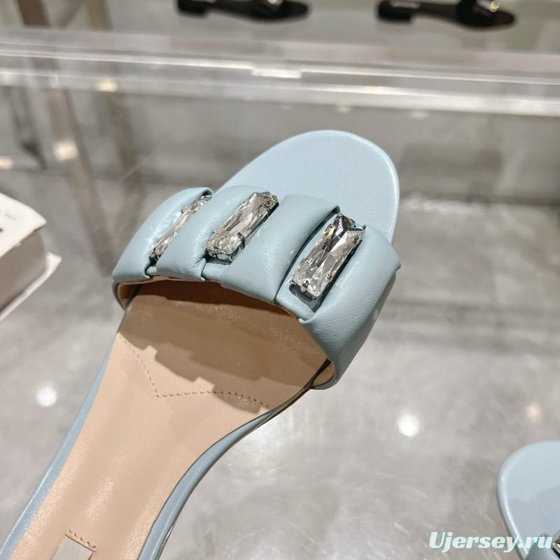 2025 Women Miu Miu Light Blue Leather Slippers