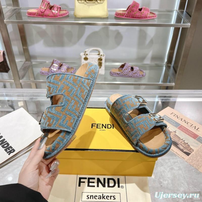 2025 Fendi Blue Beige Fabric Leather Slippers KFY00250