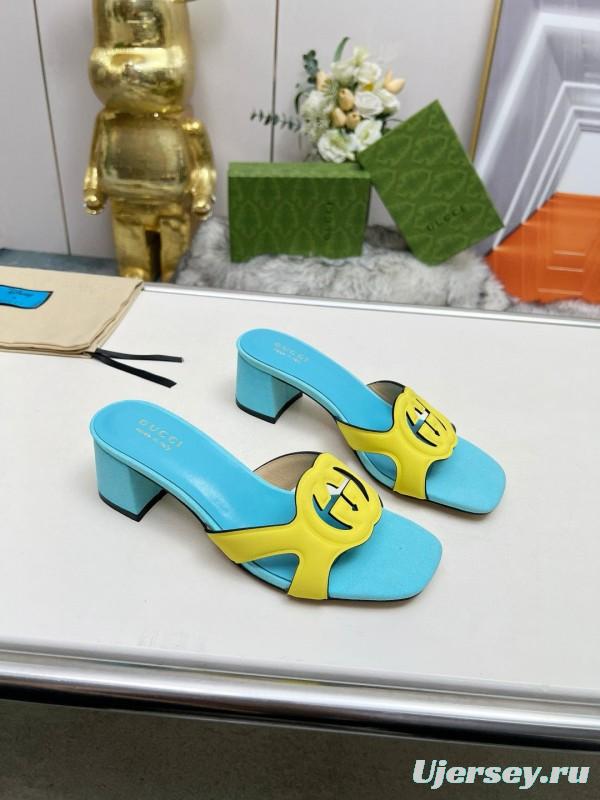 2025 Gucci Blue Yellow Leather Slippers