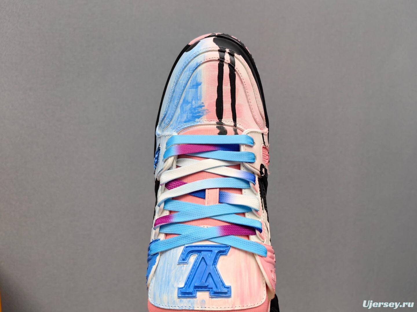 2025 Unisex Louis Vuitton Pink Blue Leather Canvas Plimsolls Hand Painted KFY00620