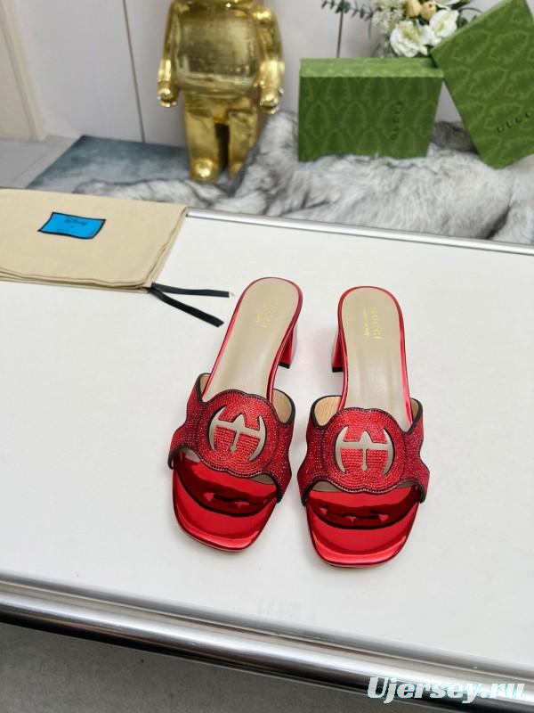 2025 Women Gucci Red Leather Slippers MJ00190