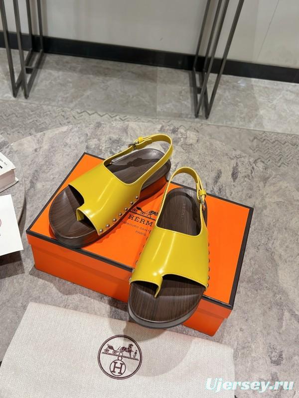 2025 Women Hermès Yellow Leather Sandals