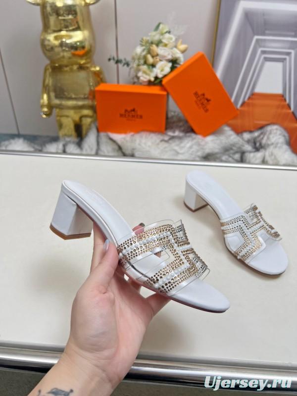 2025 Herme* White Leather Slippers Classic H Pattern MJ00180/215