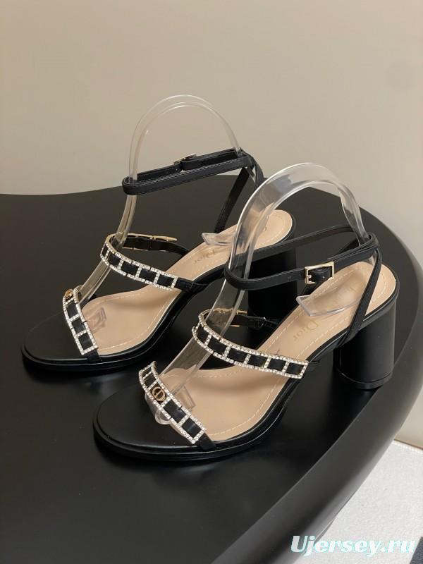 2025 Women Dior Black Leather Crystal Embellished High Heel Sandals