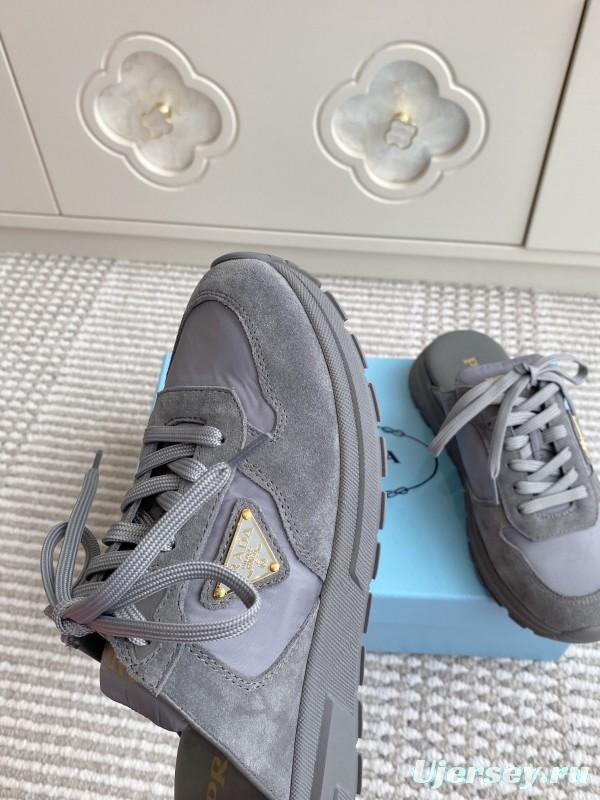 2025 Women Prada Grey Suede Nylon Sneakers LY00290