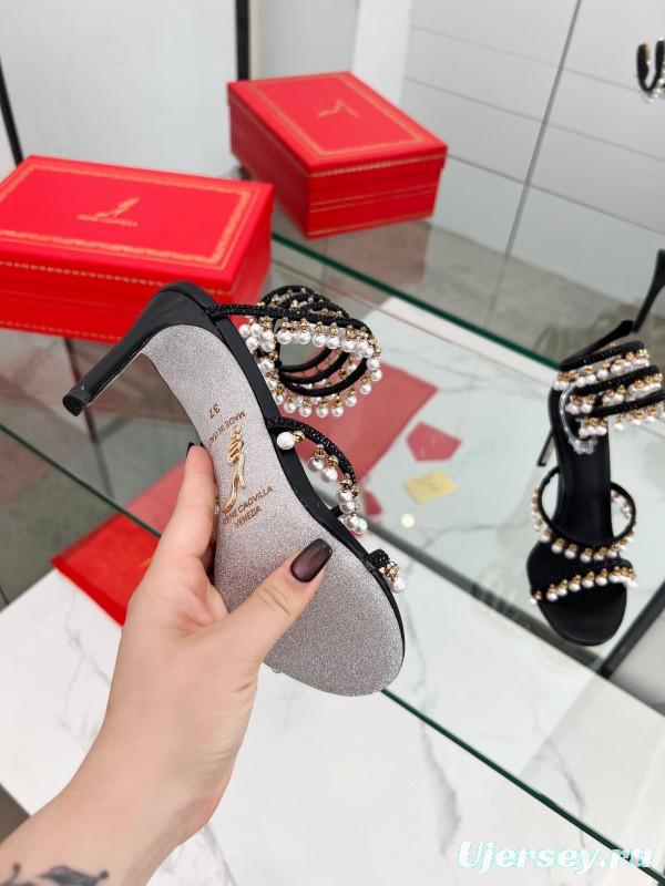 2025 Women RC Black Silk Crystal Pearl High Heel Sandals LY00360