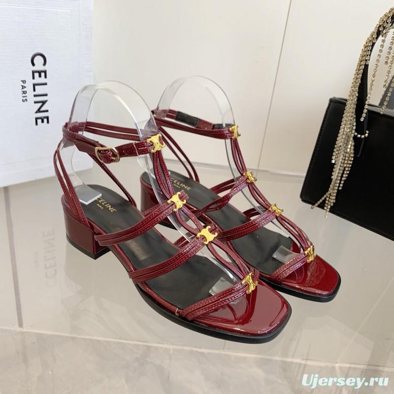 2025 Women Celine Burgundy Patent Leather Sandals KFY00300