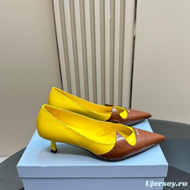2025 Women Prada Brown Yellow Leather Heels KFY00310