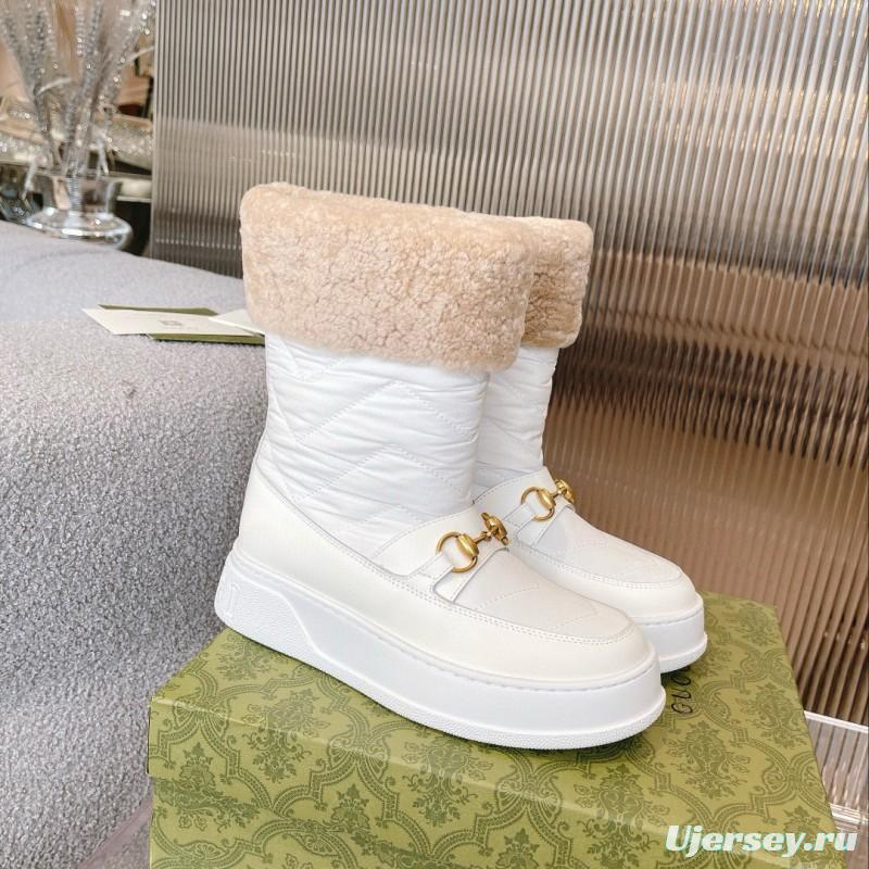 2024 Women Gucci White Sheepskin Snow Boots Gold Hardware