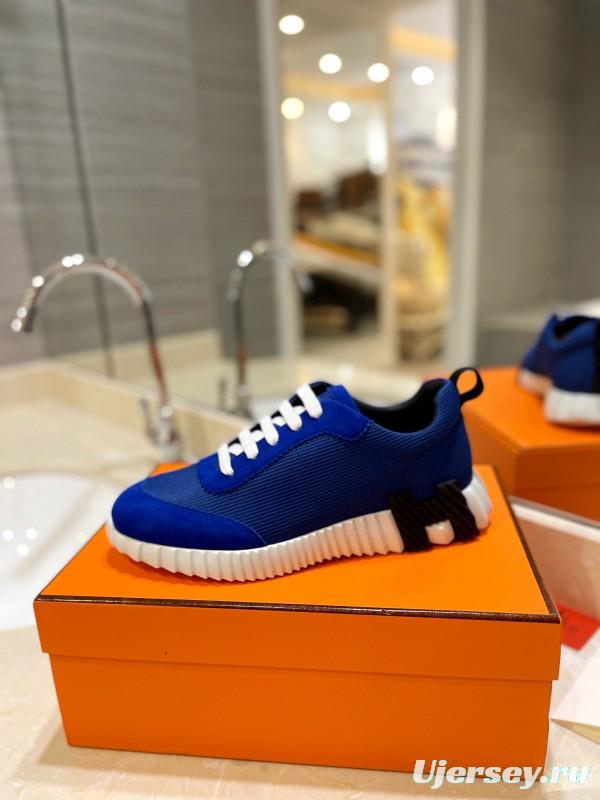 2024 Men Hermès Blue Nylon Suede Sneakers MJ00320