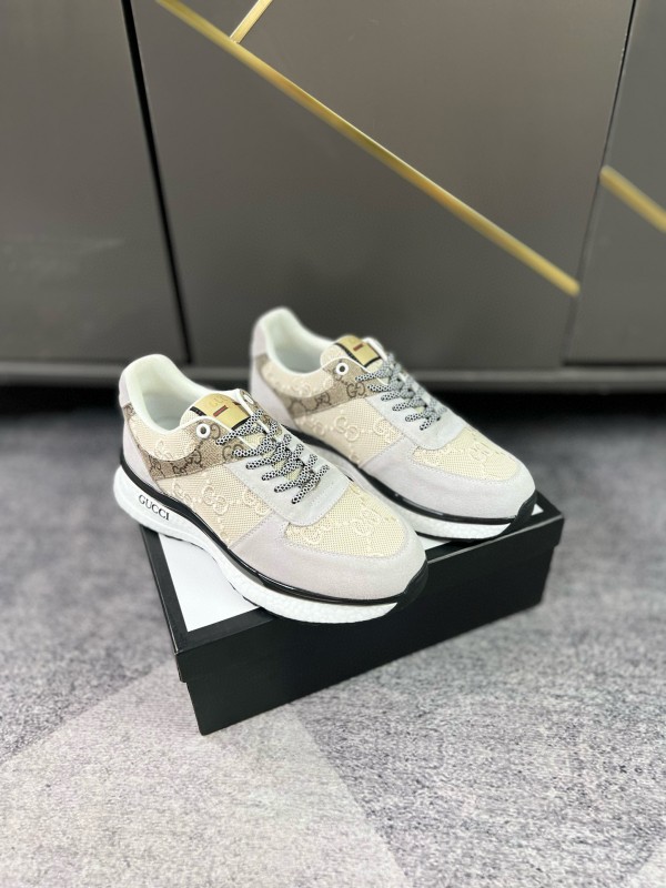 2024 Men Gucci Beige Brown Canvas Leather Sneakers MJ00260