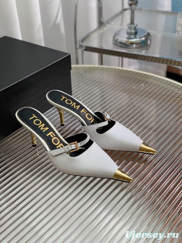2025 Women TOM FORD White Gold Leather Pointed Toe Mules