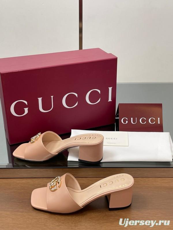 2025 Women Gucci Pink Leather Slippers GG Crystal Buckle LY00280
