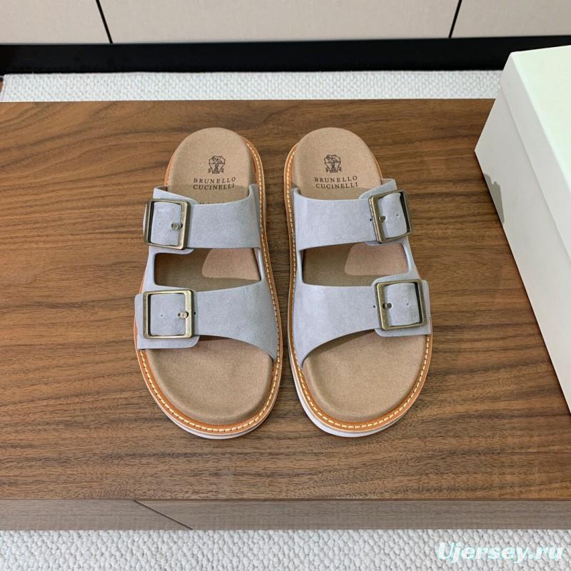2025 Unisex Brunello Cucinelli Light Grey Suede Casual Sandals With Adjustable Buckles KFY00250