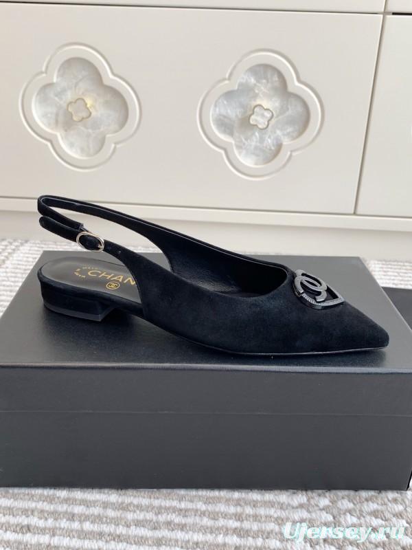 2025 Women Chanel Black Suede Slingback Heart Logo Flats KFY00300