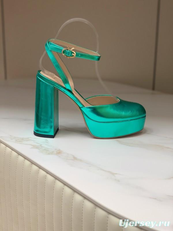 2025 Women Gianvito Rossi Metallic Green Leather Platform Sandals