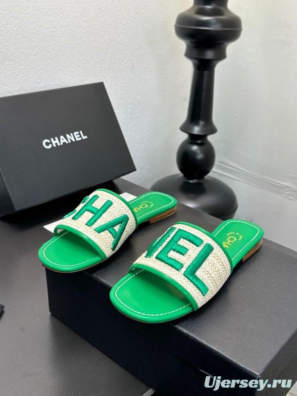 2025 Women Chanel Green Canvas Slippers