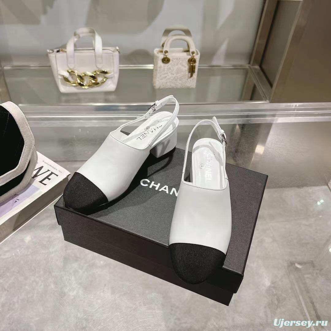 2025 Women Chanel White Black Leather Slingback Sandal LY00300