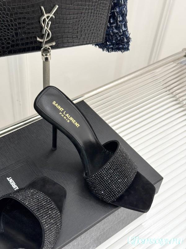 2025 Women Yves Saint Laurent Black Rhinestone Leather High Heel Slippers LY00300