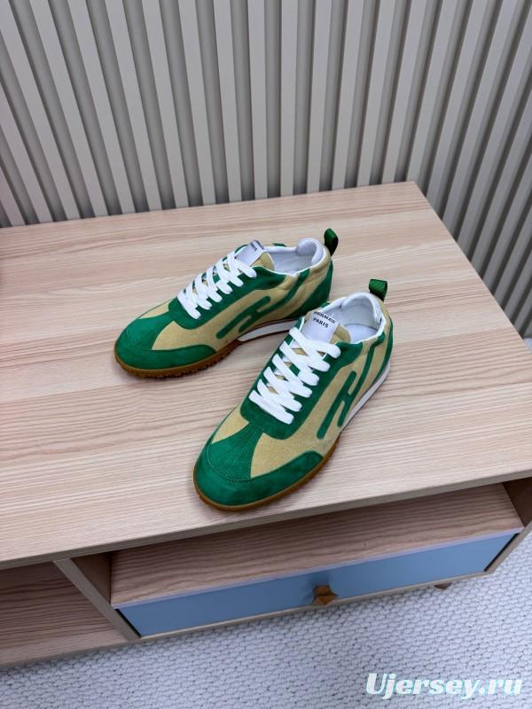 2025 Unisex Hermès Green Beige Suede Down Fabric Sneakers Top Version KFY00300