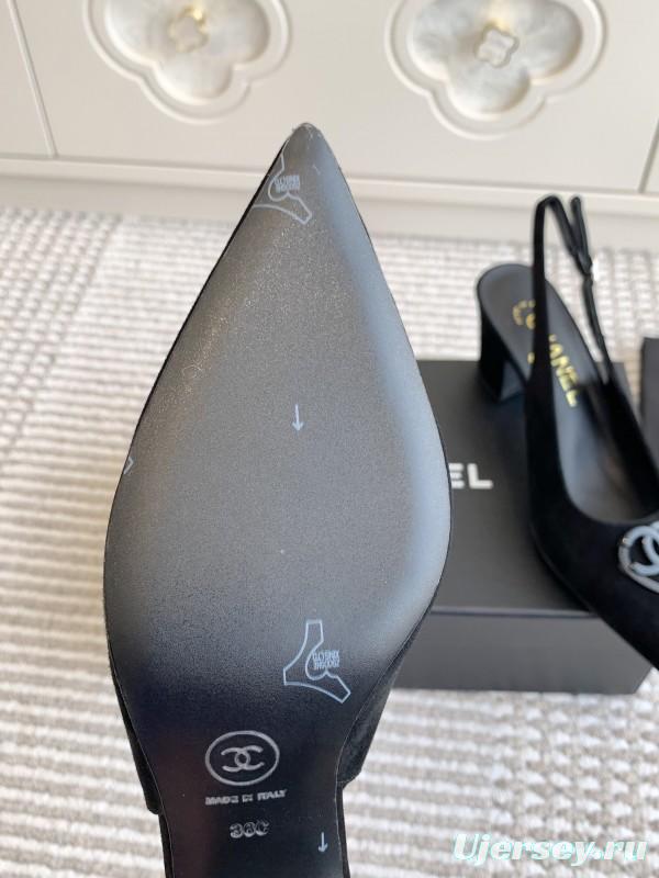 2025 Women Chanel Black Suede Slingback Heels CC Logo KFY00300