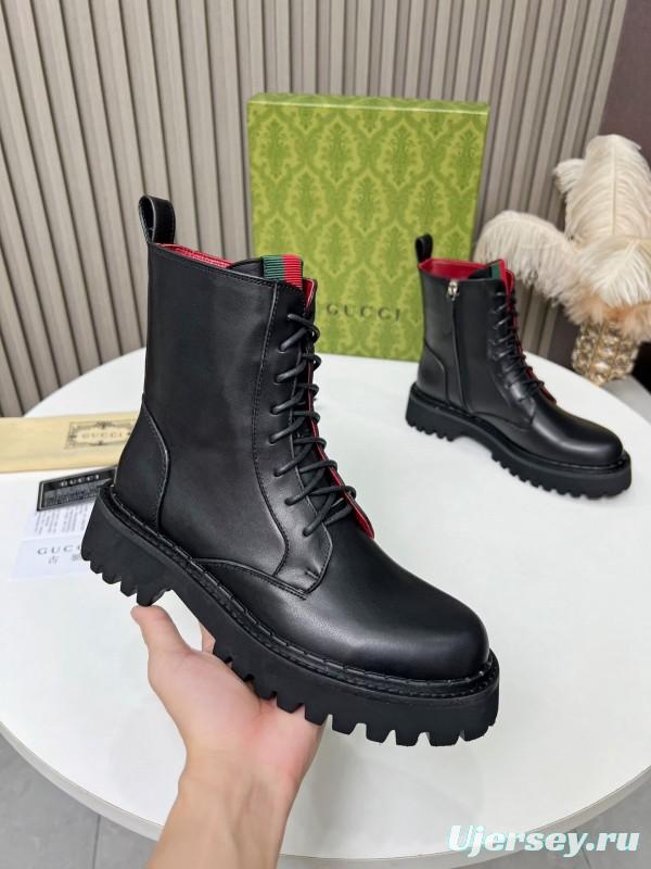 2024 Women Gucci Black Leather Lace-Up Combat Boots Red Green Web MJ00340