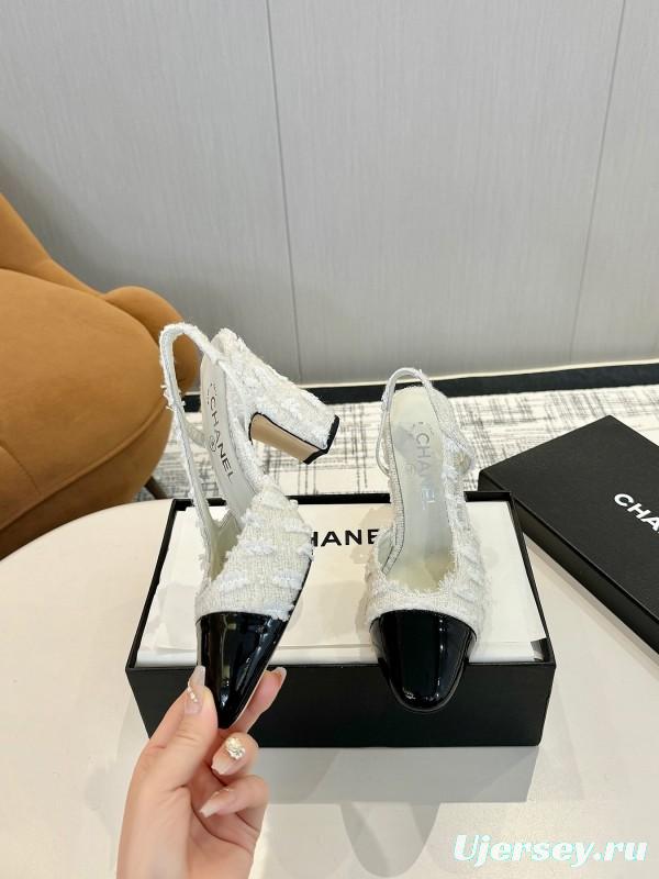 2025 Women Chanel White Black Leather Tweed Slingback Block Heel LY00270