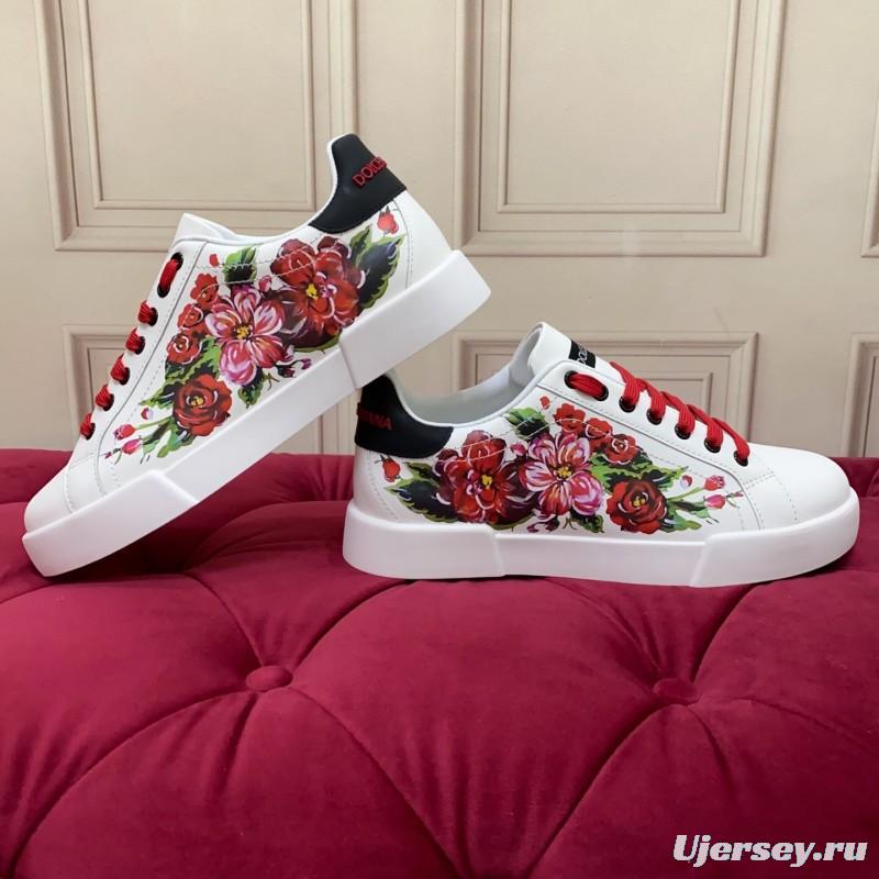 2025 Women Dolce & Gabbana White Red Leather Sneakers Floral LY00300