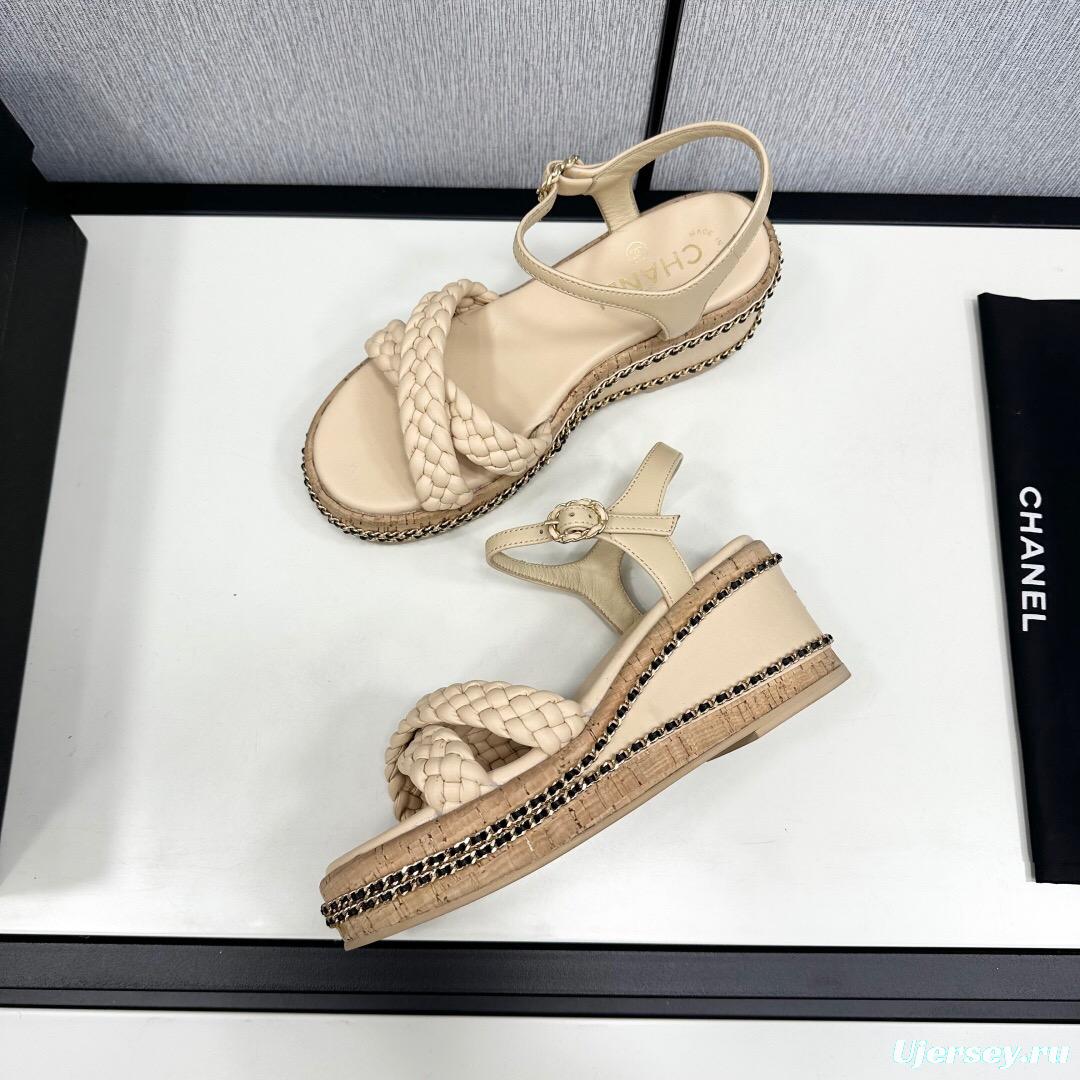 2025 Women Chanel Beige Leather Wedge Sandals