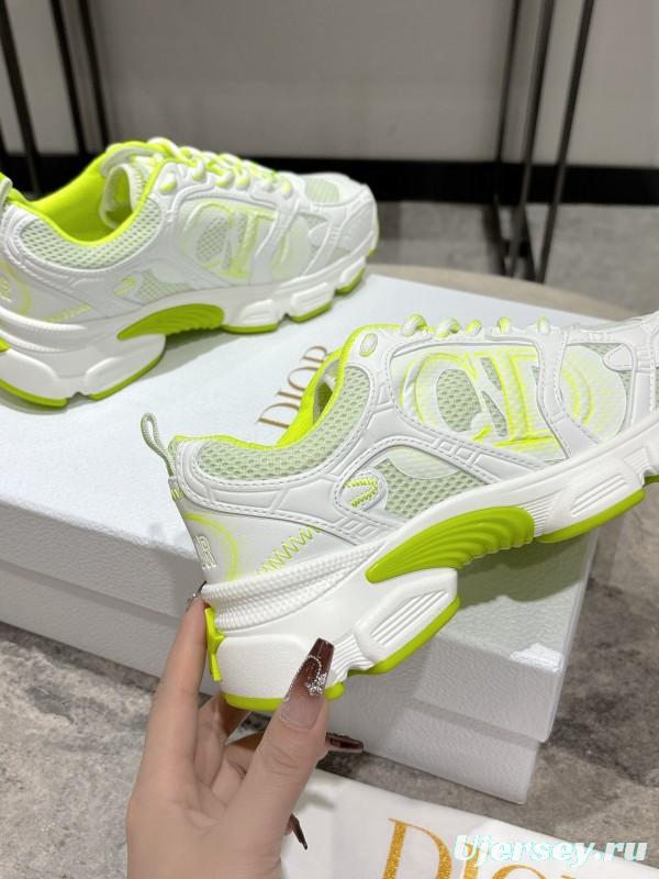 2025 Women Dior White Neon Yellow Mesh Leather Sneakers KFY00370