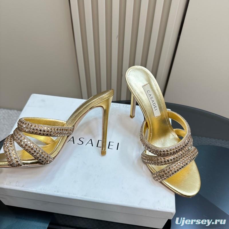 2025 Women Casadei Gold Glitter Leather High Heel Sandals