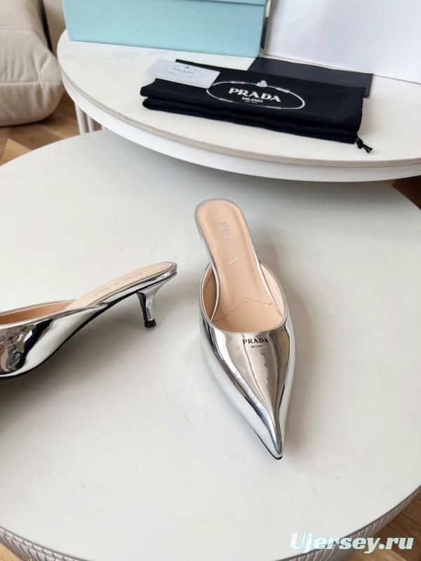 2025 Women Prada Silver Patent Leather Mules