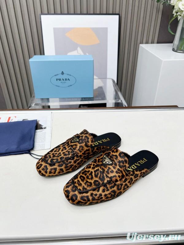 2025 Women Prada Leopard Calf Hair Slippers LY00260