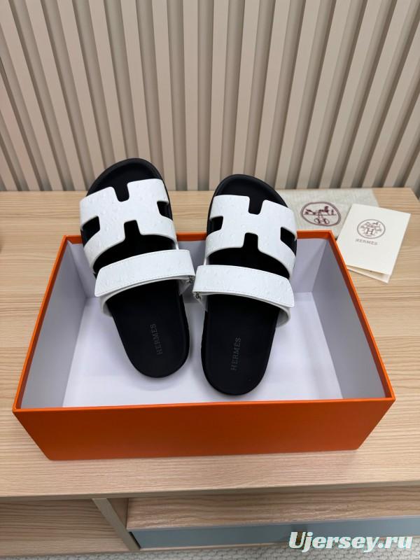 2025 Slippers Hermès Black White Leather Slippers