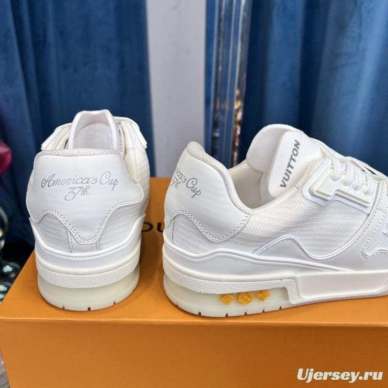 2025 Unisex Louis Vuitton White Calf Leather Mesh Trainer TPU Plimsolls Goodyear Welt