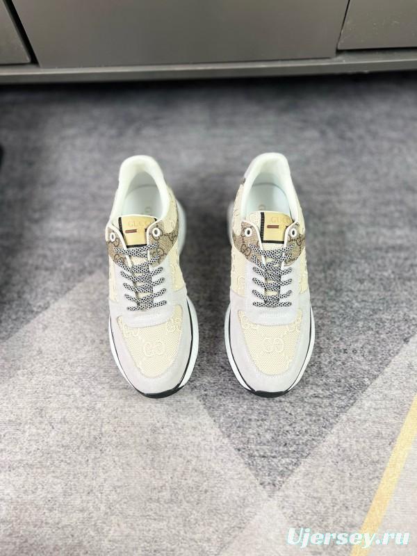 2024 Men Gucci Beige Brown Canvas Leather Sneakers MJ00260