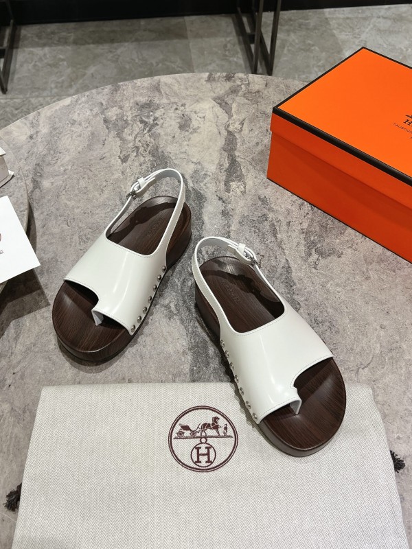 2025 Women Hermès White Leather Slippers