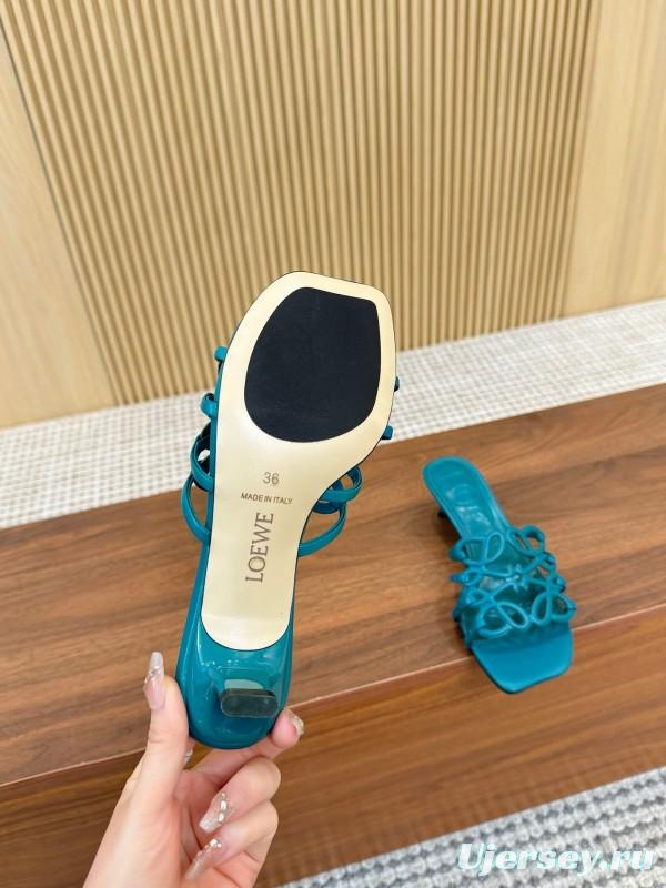 2025 Women Loewe Turquoise Leather Heeled Sandals LY00250