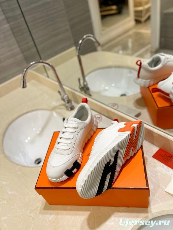 2024 Unisex Hermès White Orange Black Imported Glossy Lambskin Rain Velvet Casual Sneakers MJ00320