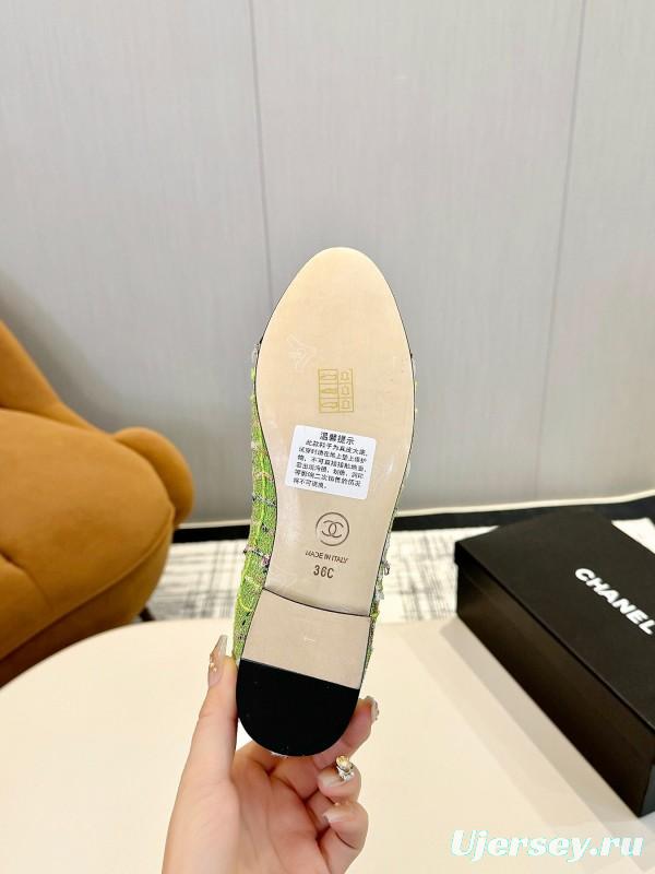 2025 Women Chanel Green Black Lambskin Ballet Flats LY00250