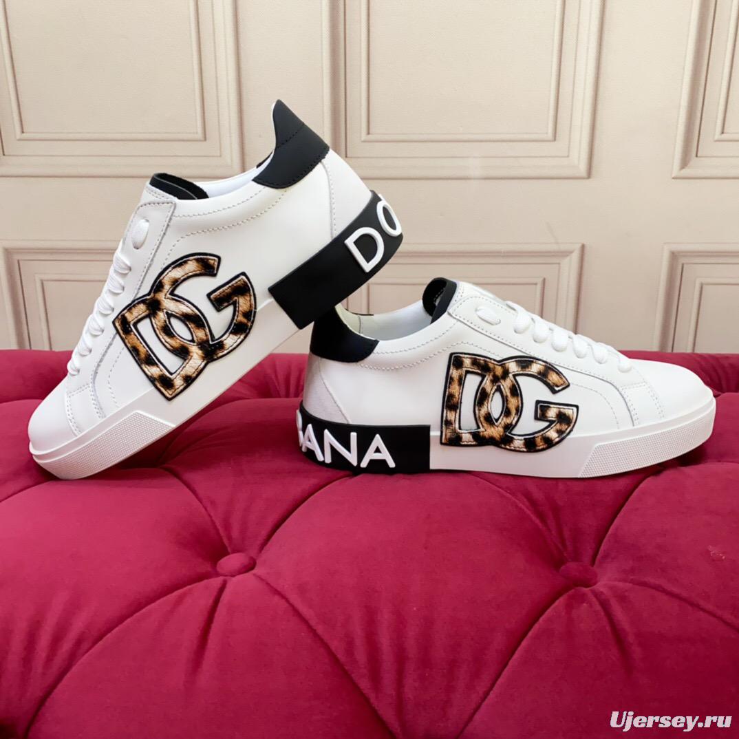 2025 Women Dolce & Gabbana White Leopard Print Leather Sneakers LY00300