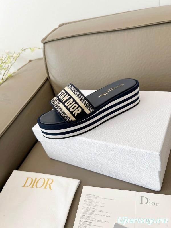 2025 Women Dior Navy White Canvas Platform Slippers LY