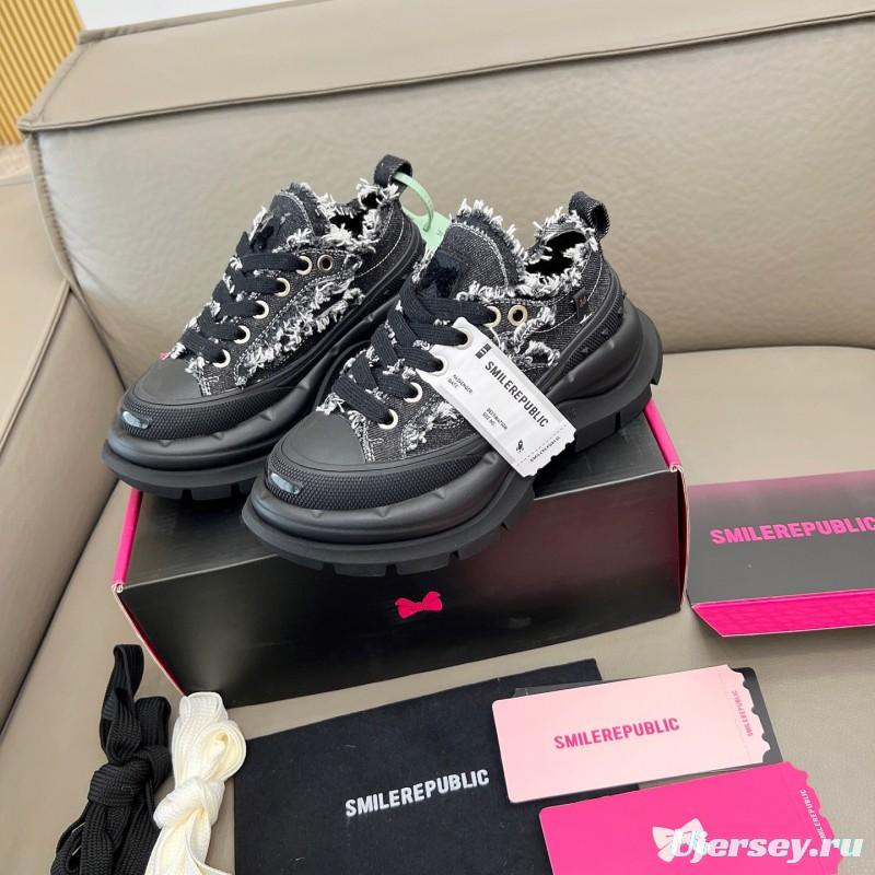 2025 Women SmileRepublic Black Tweed Leather Canvas Chunky Sneakers LY00291