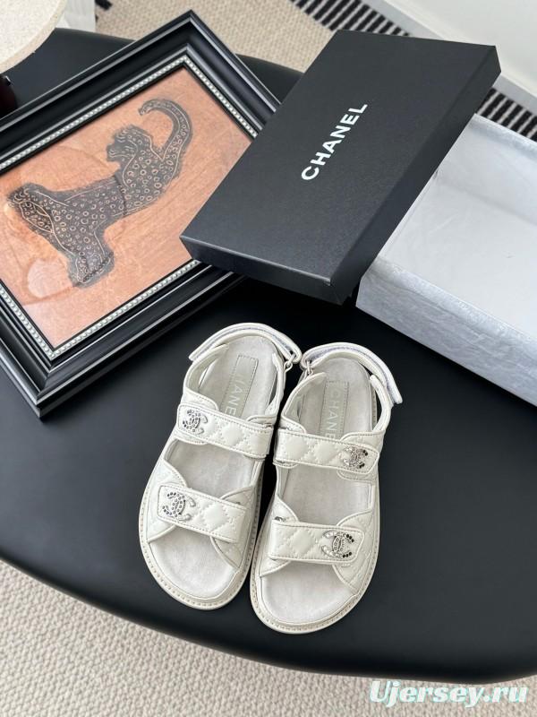 2025 Women Chanel White Leather Sandals LY00320